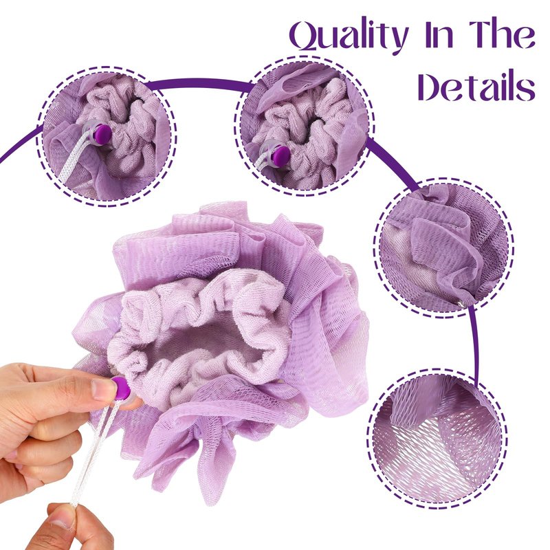 Hadnves 3 Pack Loofah Washcloth Combo 2-in-1 Wash Loofah Cloth for Bar Soap Pocket Reusable Drawstring Mesh Shower Sponge Ball for Body Wash & Smooth Skin (Purple Green Pink)