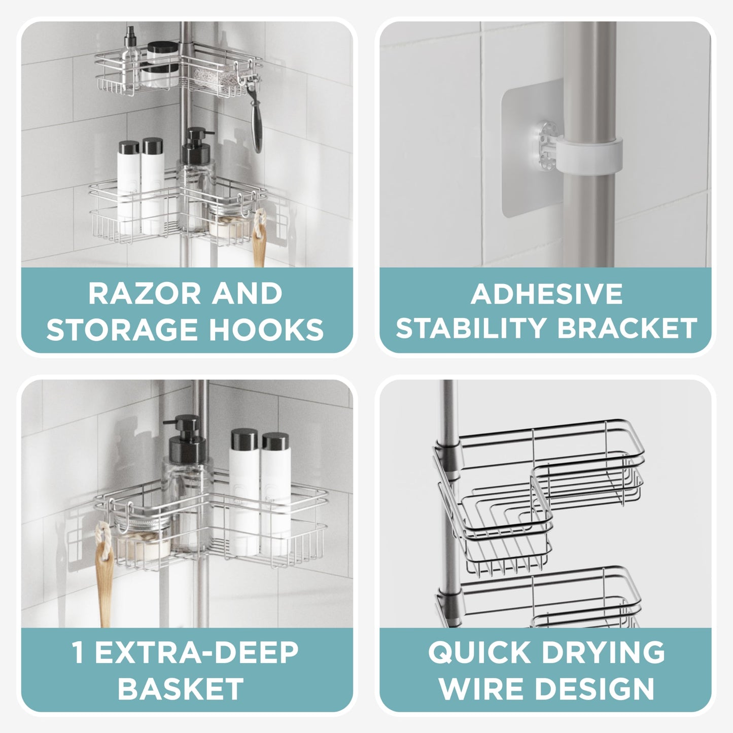 Zenna Home Tension Pole Shower Caddy Corner Organizer, Adjustable Standing Shower Caddy with 4 L-shaped Baskets and Hooks, Rust Resistant Bathroom Tension Rod Organizer, 60 to 97 Inch, Satin Nickel