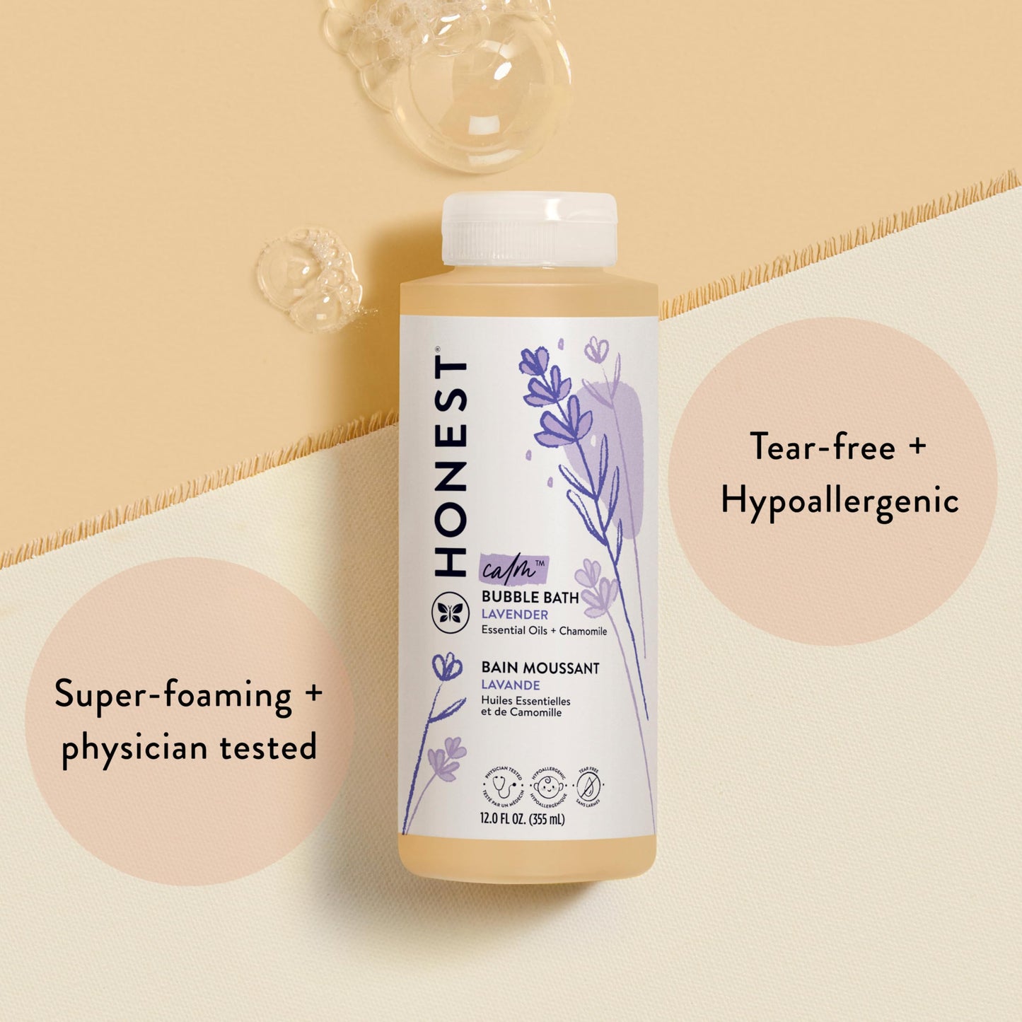 The Honest Company Foaming Bubble Bath & Baby Wash, Tear-Free, Hypoallergenic, Natural Formula, Lavender Calm Scent, 12 fl oz