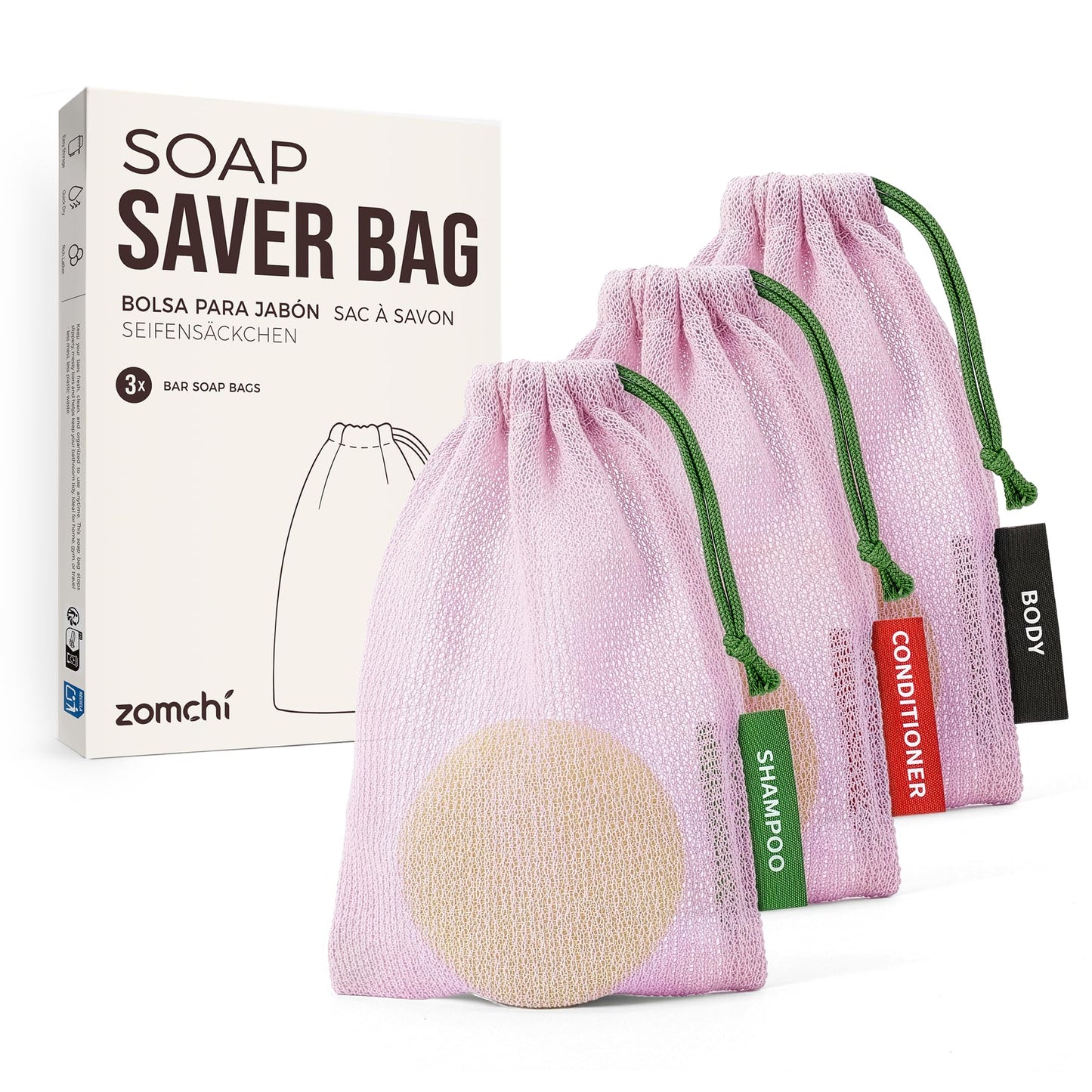 ZOMCHI Foaming Bar Holder for Shower, Mesh Hanging Pouches with Loop, Designed for Body, Shampoo & Conditioner Bars, Color-Labeled Set (3 Pack, Pink)