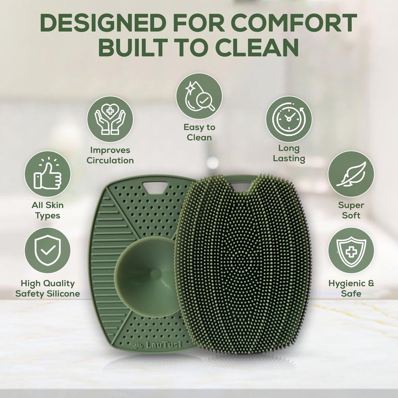 LauTus1 Silicone Body Scrubber — Suction Cup Mount & Hook, Gentle Exfoliating Shower Brush, Soft Loofah Alternative for Men, Women & All Skin Types — Sage Green