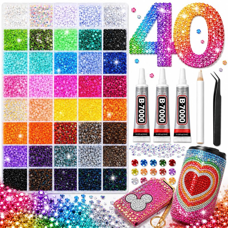 40000Pcs 40 Colors Jelly Resin Kit, Bedazzling Kit, Bedazzler Kit with Rhinestones, 3mm Flatback Gems with B7000 Glue & Tools for Crafts, Nails, Shoes