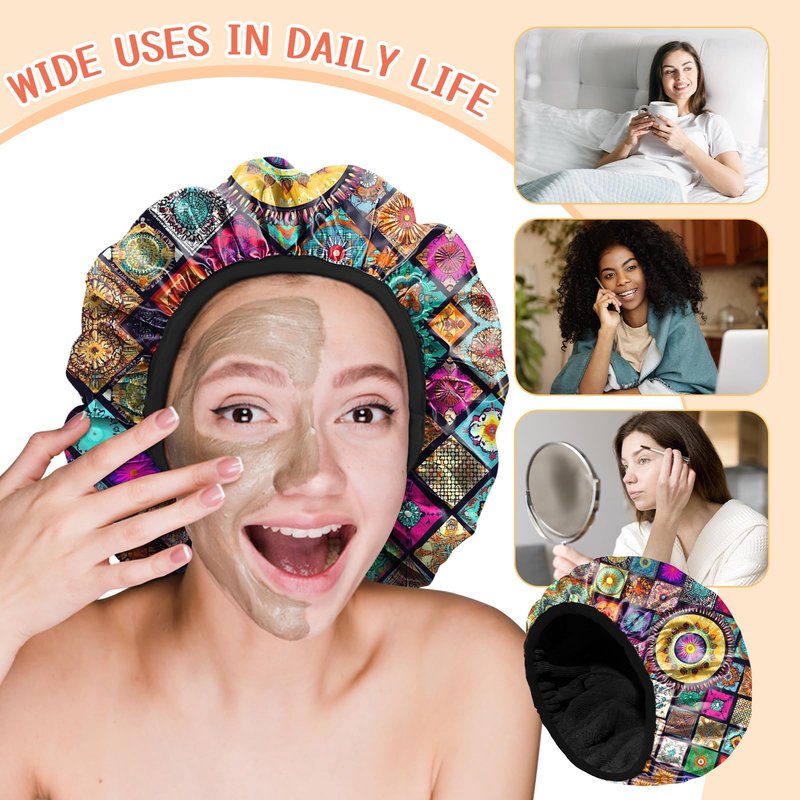 Cabreche Luxury Shower Cap Terry Lined Reusable Triple Layer Waterproof Hair Elastic Caps Shower Bath Hat for Women Girls Cute Aesthetic-Mandela