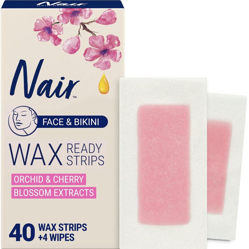 Nair Hair Remover Wax Strips - Face & Bikini Hair Removal with Orchid & Cherry Blossom Extracts | 40 Count