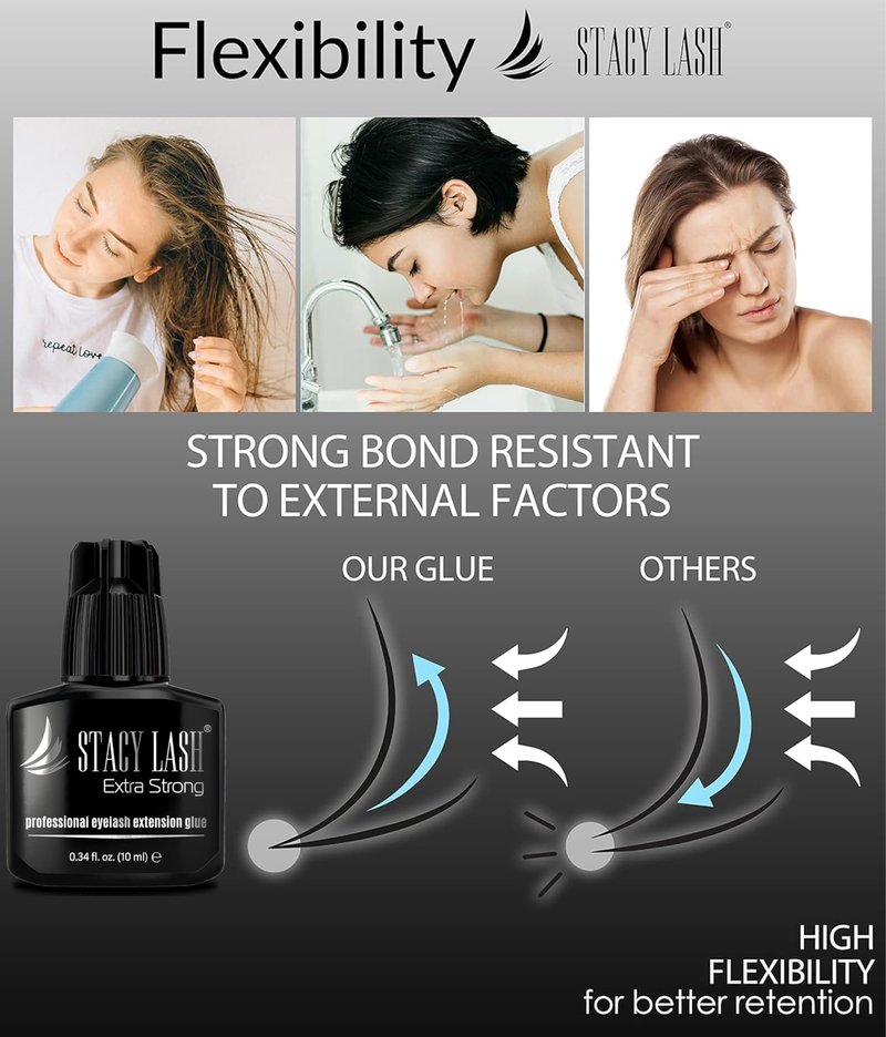 Extra Strong Eyelash Extension Glue Stacy Lash (0.34 fl.oz / 10 ml) / 0.5-1 Sec Dry/Retention – 8 Weeks/Black Adhesive