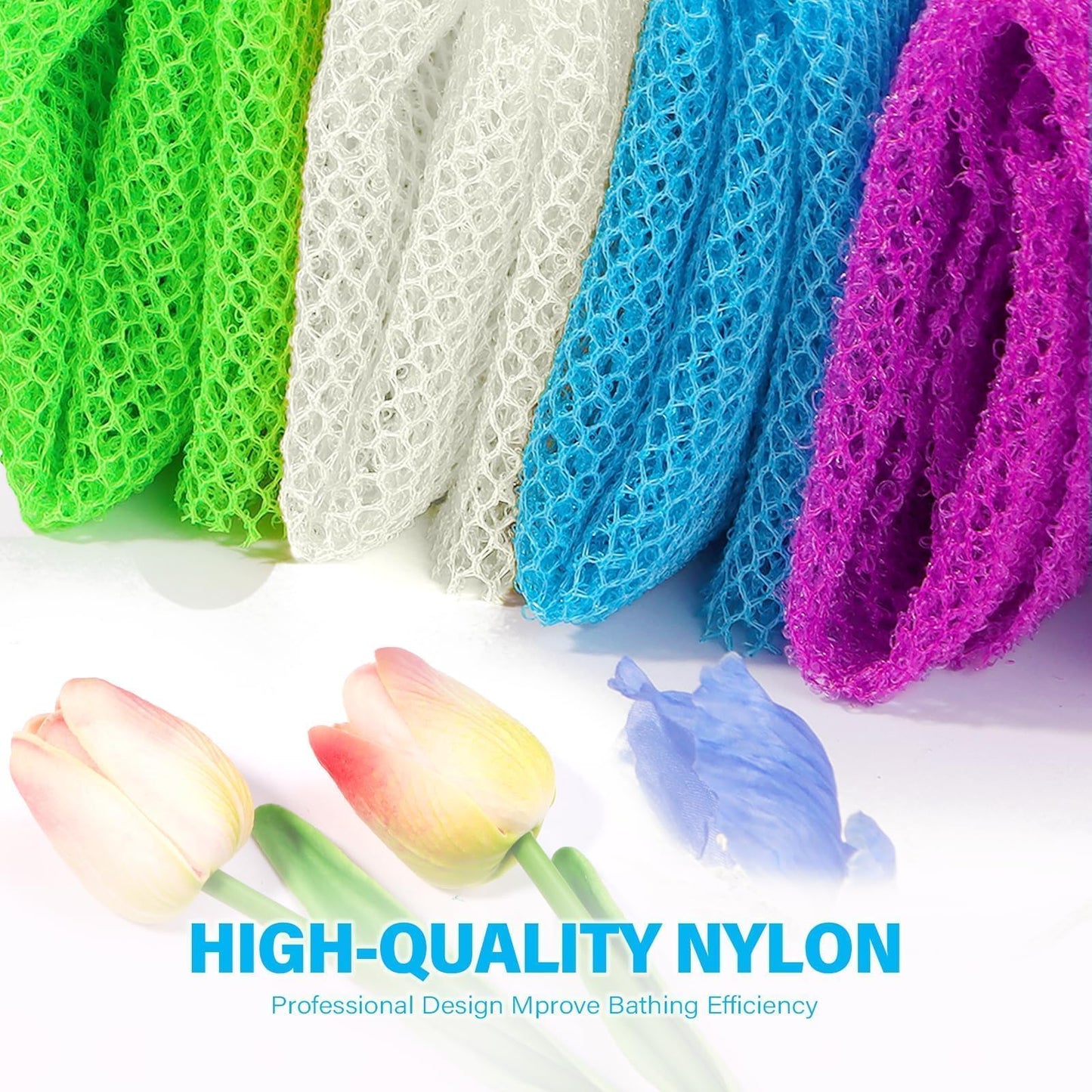 UJFQBH 4 Pieces African exfoliating net African Net Long Net Bath Sponge Exfoliating Shower Body Scrubber Back Scrubber Skin Smoother,Great for Daily Use (Purple, Blue, Green, White)