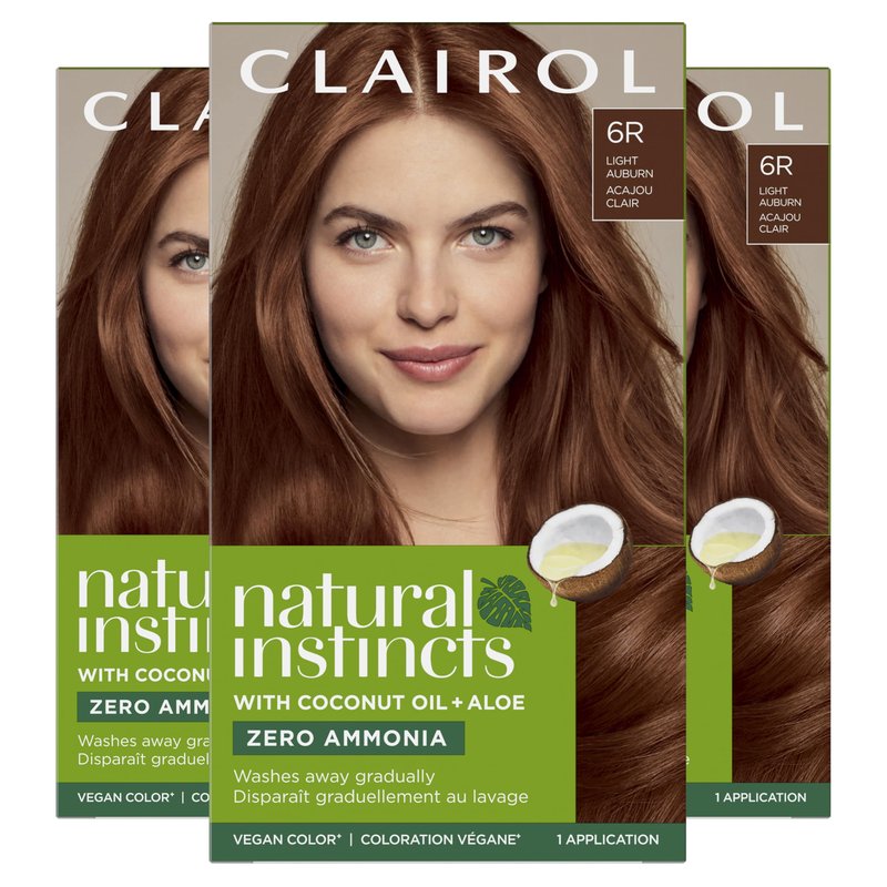Clairol Natural Instincts Demi-Permanent Hair Dye, 6R Light Auburn | Ammonia‑Free, Vegan Hair Color with Coconut Oil & Aloe Vera | Pack of 3
