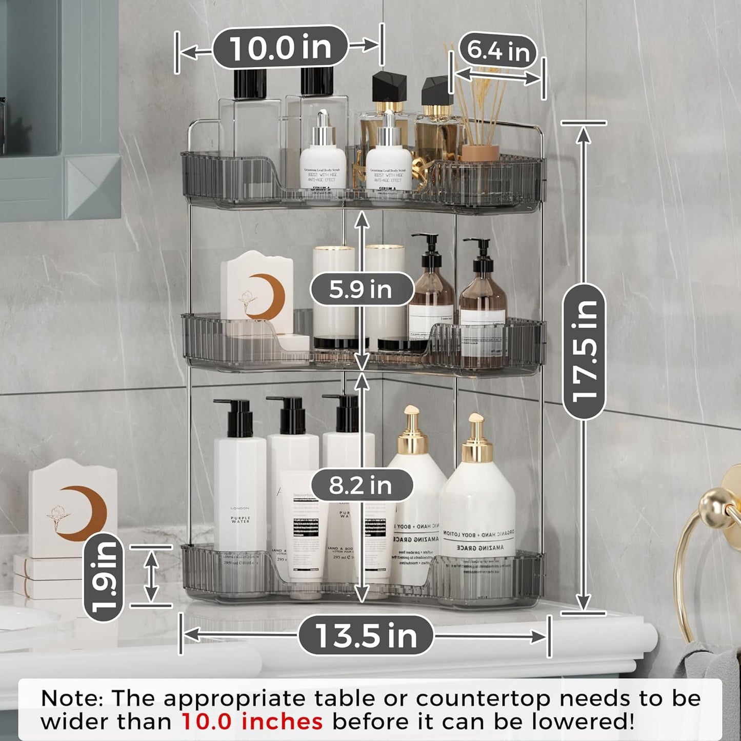 YCIA&DONE Corner Bathroom Counter Organizer - 3-Tier Makeup & Skincare Tray | Smoky Gray Storage Solution
