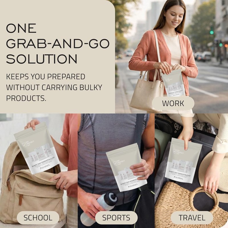 MY PROTECT KIT Everyday Essentials Travel Kit – TSA Compliant Hygiene & Toiletry Set with Deodorant Spray, Lotion, Lip Balm & Cleansing Wipes, Self Care Kit for Purse, Gym, Hotels & Airbnb
