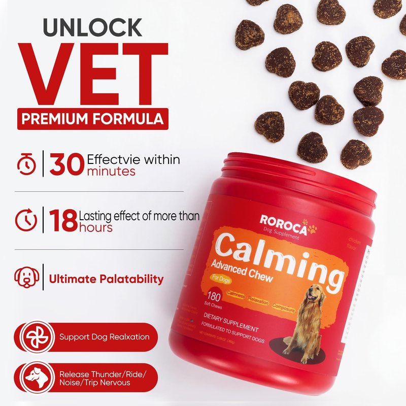 ROROCA Calming Chews for Dogs - Herbal Formula for Dog Anxiety Relief, Long-Lasting 24-Hour Composure&Relaxation,Melatonin for Dogs, Great Value, USA & Globally Sourced Ingredients180 Count