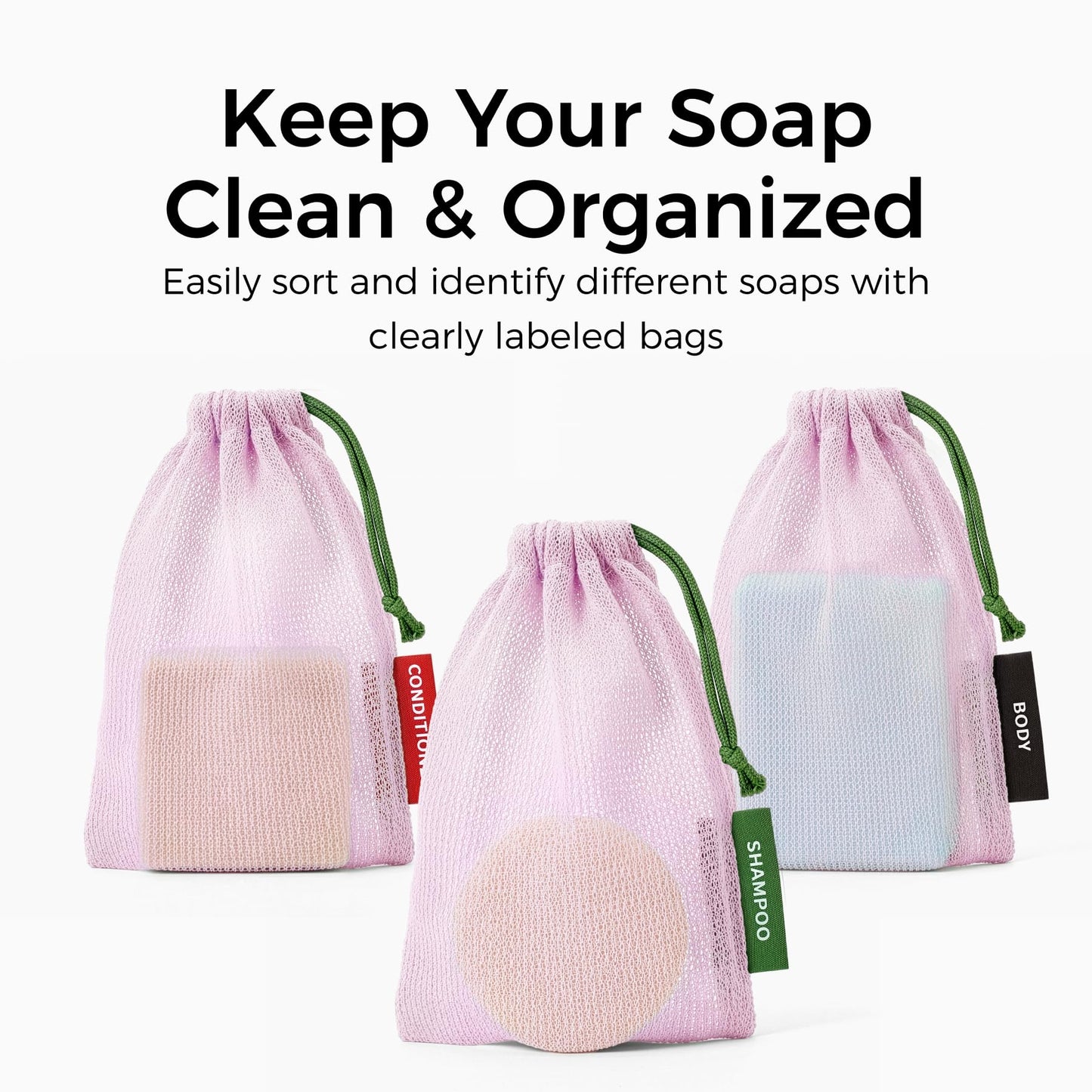 ZOMCHI Foaming Bar Holder for Shower, Mesh Hanging Pouches with Loop, Designed for Body, Shampoo & Conditioner Bars, Color-Labeled Set (3 Pack, Pink)