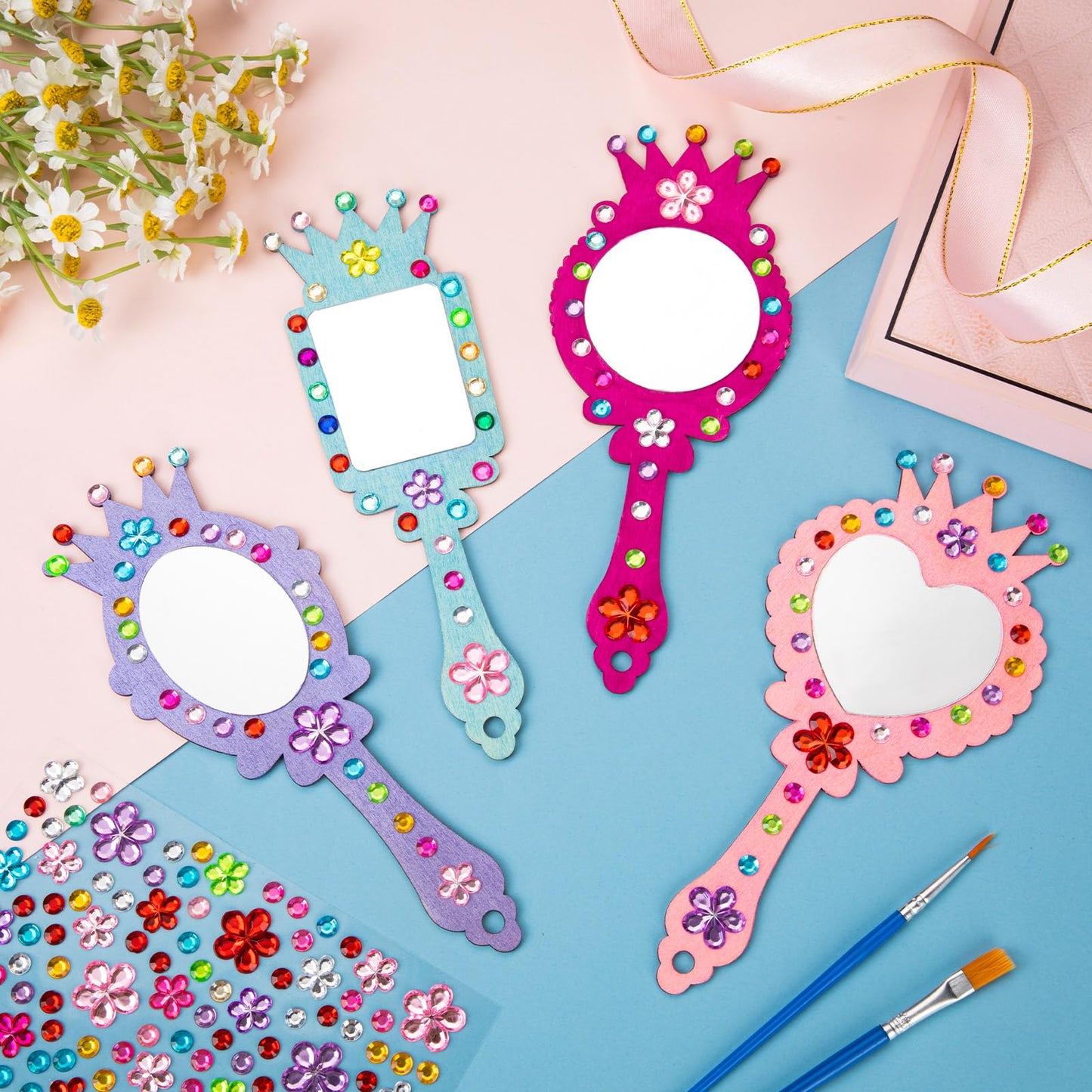 XJWWHZ 12 Pack Wooden Mirror Craft for Kids, DIY Princess Mirrors for Girls, Paint Wooden Hand Mirror for Art Activities