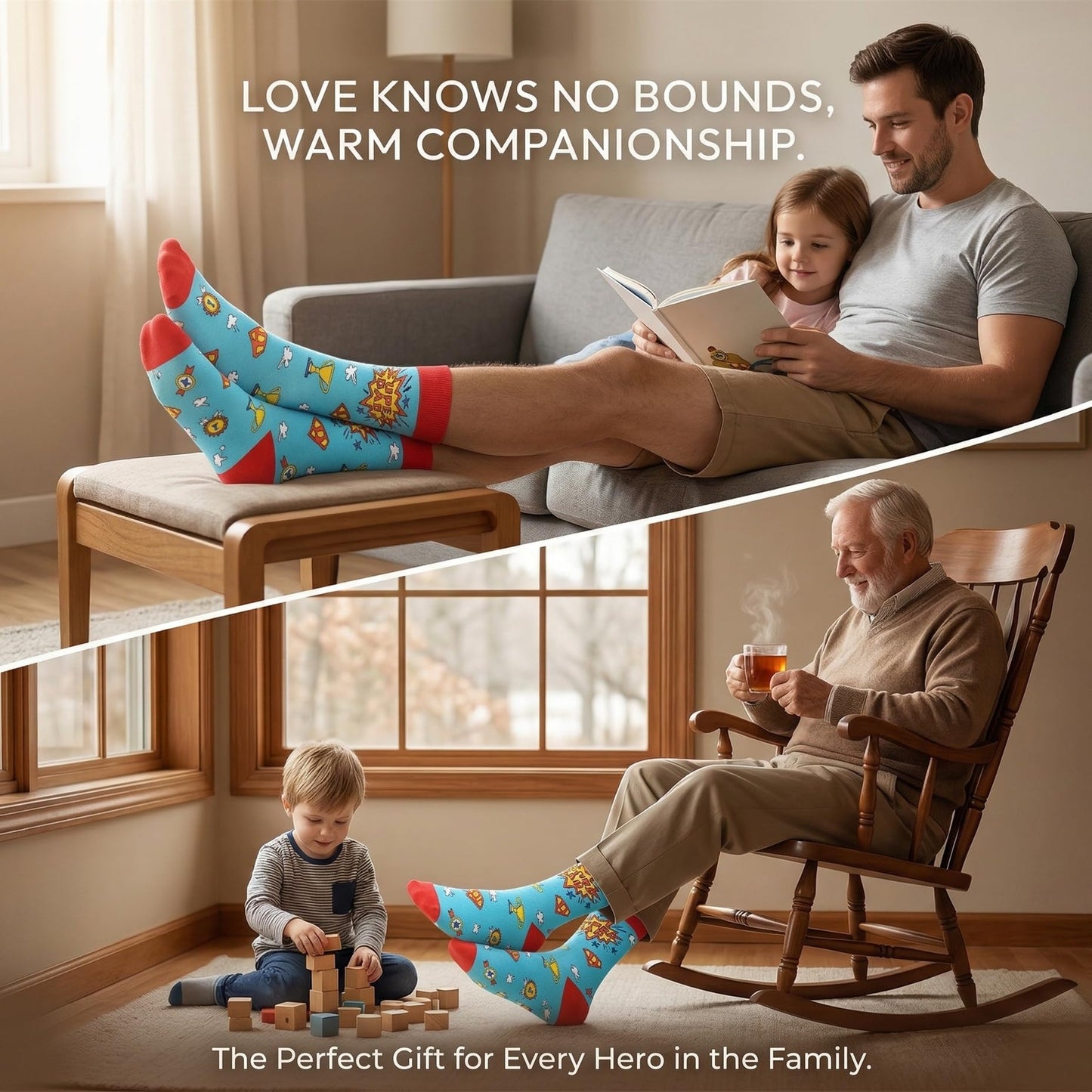 Super Dad Socks, Funny Dad Socks Gift for Father’s Day, Novelty Cotton Dress Socks for Men, Seamless Toe Breathable Crazy Socks for Dad Husband Grandpa, Size 8-12