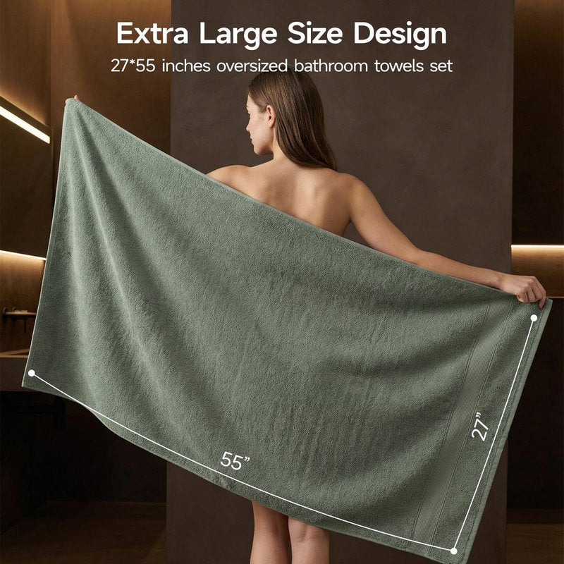 REDKISS Sage Green Bath Towels 4-Pack, 100% Cotton, Thick Plush & Highly Absorbent, 27.5" x 55" for Shower, Spa & Home