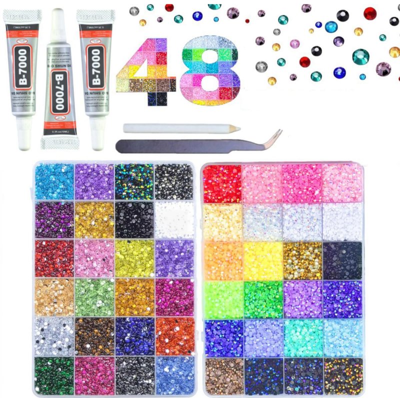 48 Colors Resin Jelly Rhinestones for Bedazzling, 3mm 48000 Pcs Flatback Gems for Crafting,Rhinestone Kit with B7000 Glue for Nail Rhinestones, Shoes, Crafts, Diamond Art & DIY Bedazzler Kit
