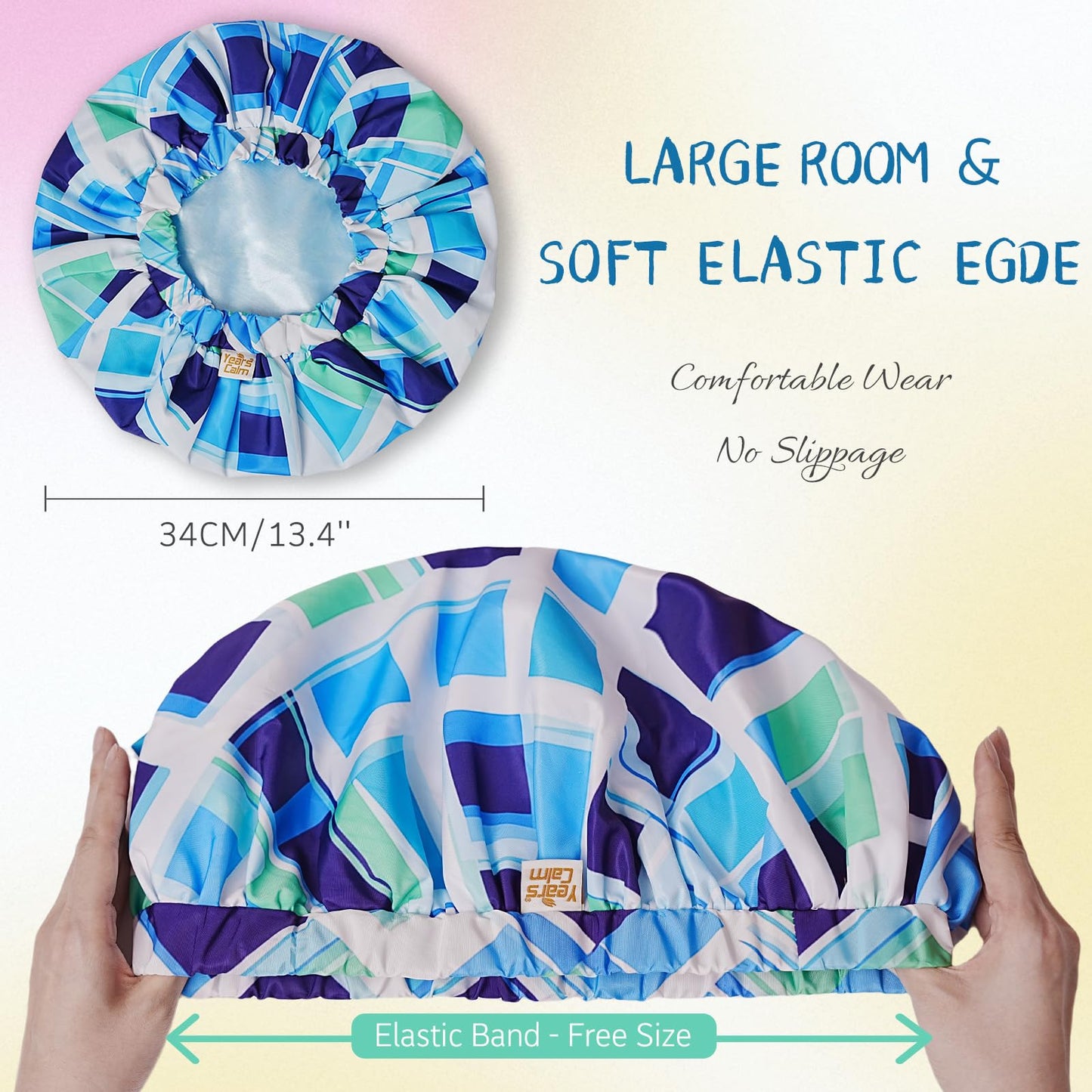 Years Calm Shower Caps for Women Reusable Waterproof, Double-Layer Extra Large Elastic Hair Cap for Shower for Long Hair & Braids, Travel & Home