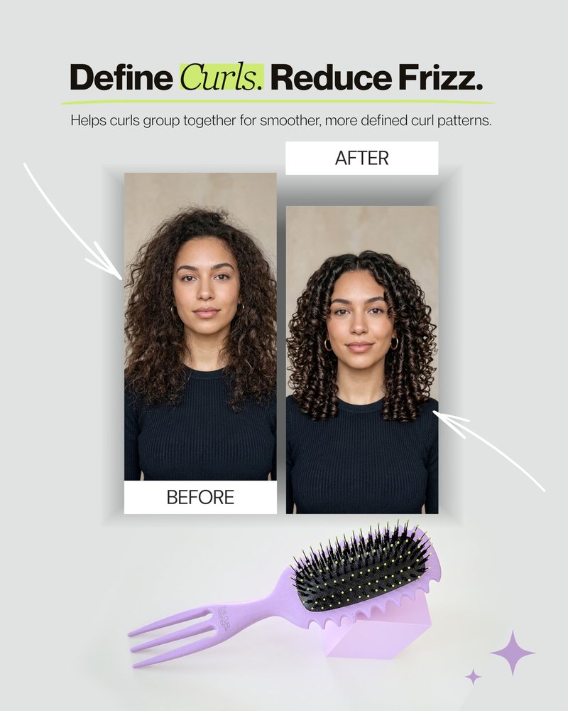 Purple Mango Beauty Curl Trainer Pro Curl Defining Brush for Curly & Wavy Hair, Styling Brush with Built-In Volume Pick - Purple