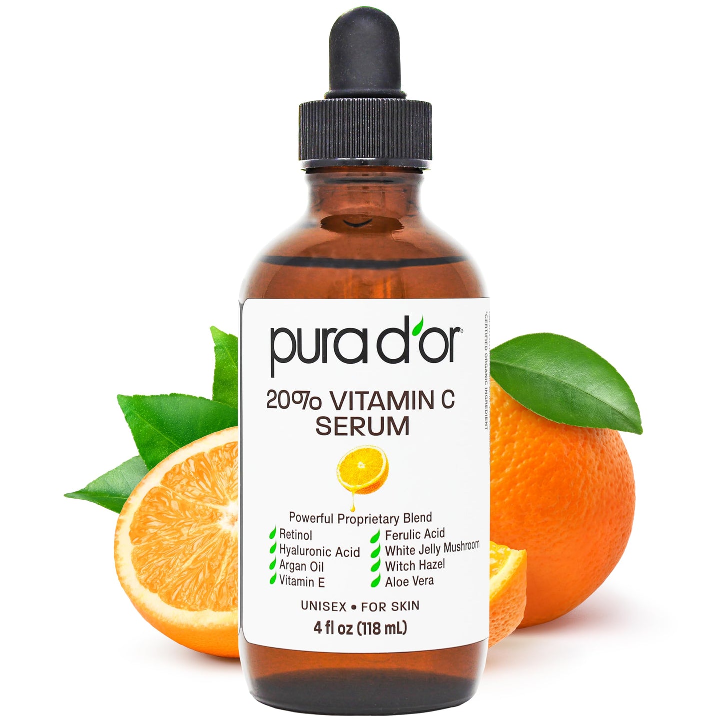 PURA D'OR 20% Vitamin C Facial Serum 4 Oz Antioxidant Anti-Aging Blend w/Retinol, Hyaluronic Acid, Ferulic Acid - Hydrating Lightweight Ayurvedic Skin Care - Men Women Daily Use