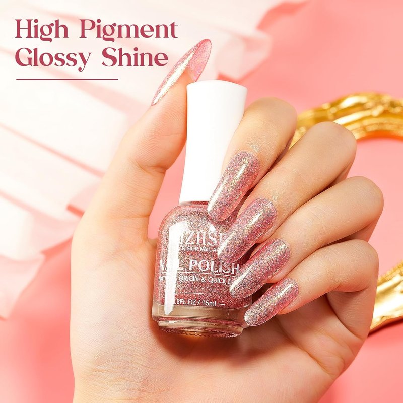 MIZHSE Quick Dry Glitter Pink Nail Polish - Non-Gel, Fast Air Drying, 15ml Full Coverage Shine