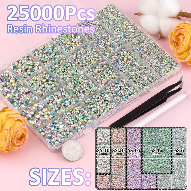 Regine Switzerland 25000Pcs Resin Rhinestones - AB Mixed Sizes 2-6mm Flatback Gems for DIY Crafts