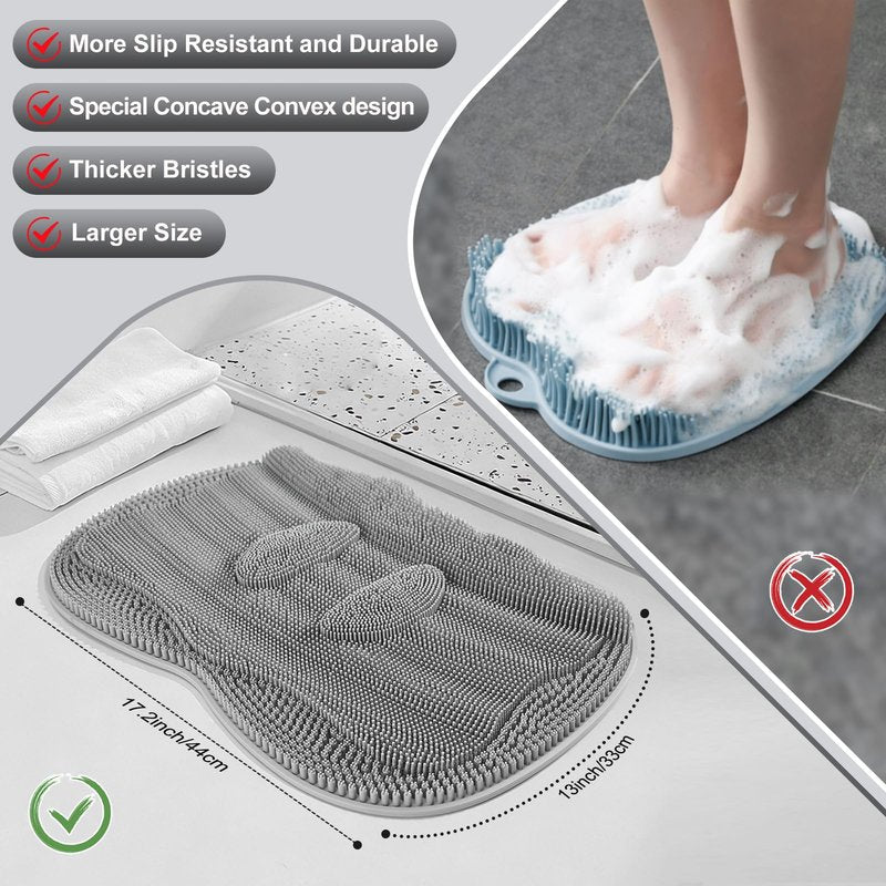 EaTubano Bath Shower Foot Scrubber Mat - Silicone Shower Foot Scrubber Mat (XL) Cleaner Foot Toes Clean Pad Without Bending Non-Slip Suction Cups Bathroom mat 17.2 * 13 inch - Grey