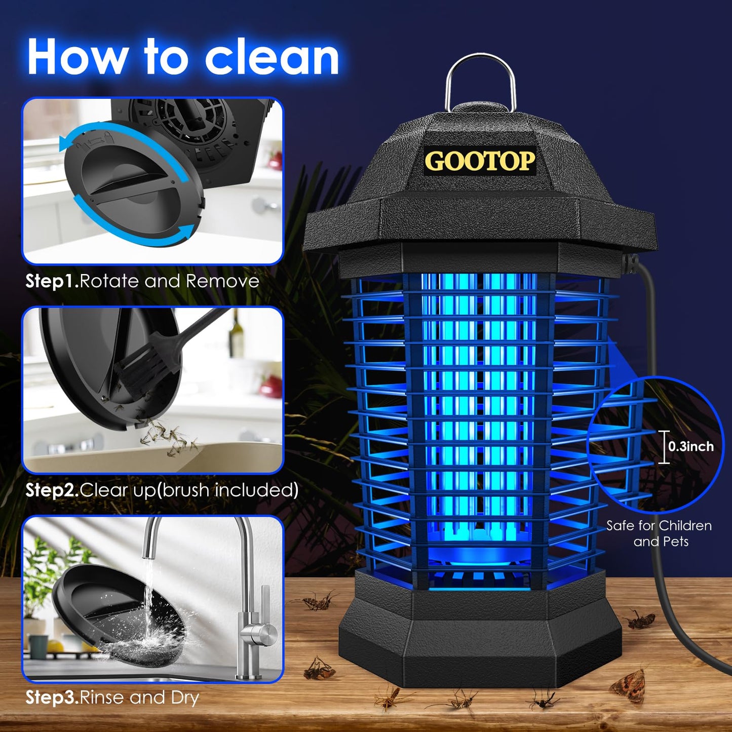 GOOTOP Bug Zapper Outdoor, Mosquito Zapper, Electric Fly Zapper 3 Prong Plug in, Mosquito Killer, Fly Traps, Flying Insects Zapper Indoor Outdoor, 4200V, ABS Plastic Outer (Black)