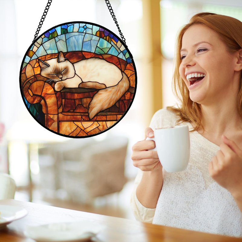 GEFOS Stained Glass Window Hanging Cat Sleeping On The Sofa 7.8" - Suncatcher Door Garden Sunroom Sun Catcher Home Decor Birthday Christmas for Lost Pets Mom Men Woman