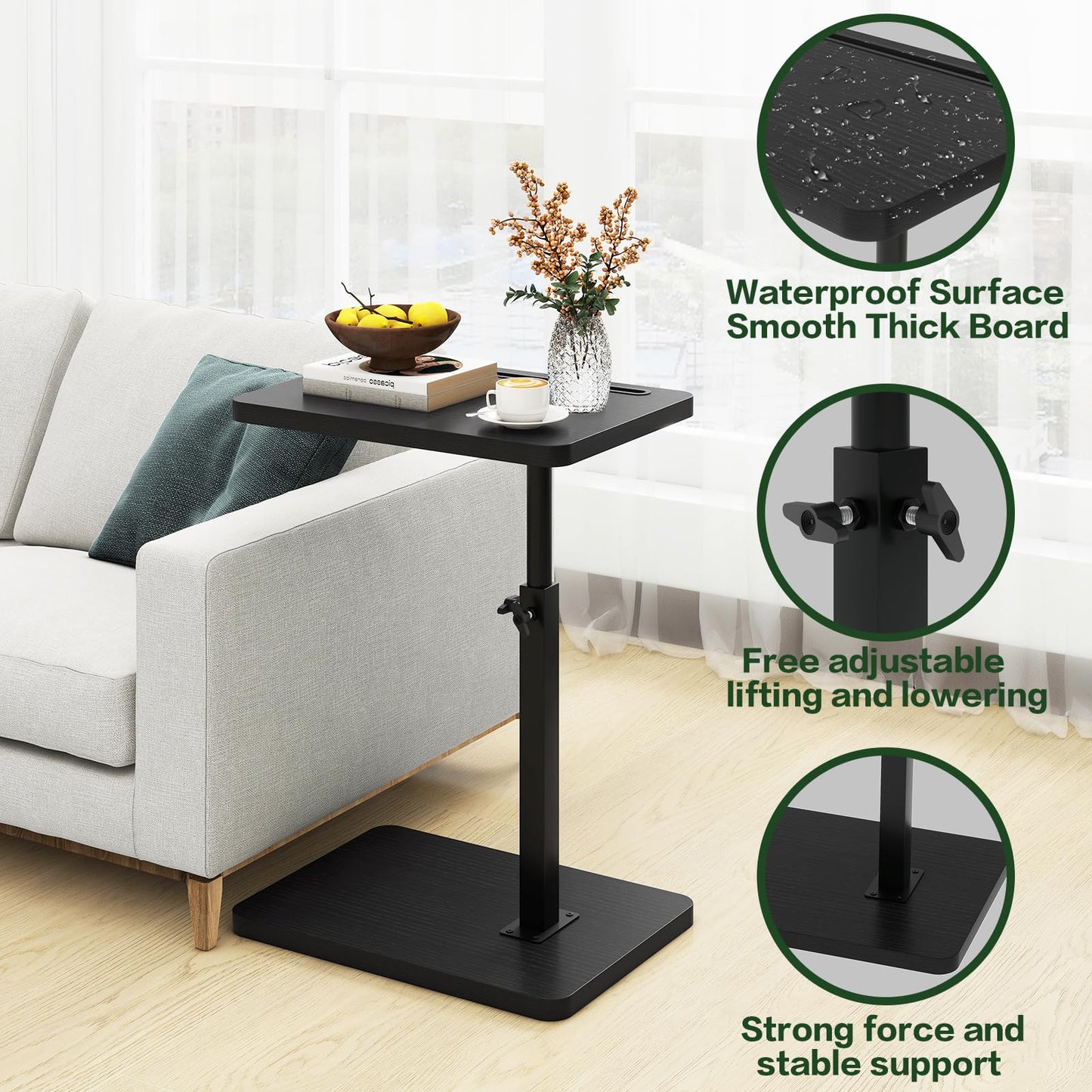 IBUYKE C Shaped Side Table, 360° Swivel Height Adjustable End Table for Small Spaces, with Phone & Tablet Slot, Modern Small Coffee Snack Table for Sofa/Bed, Black UTVT003B