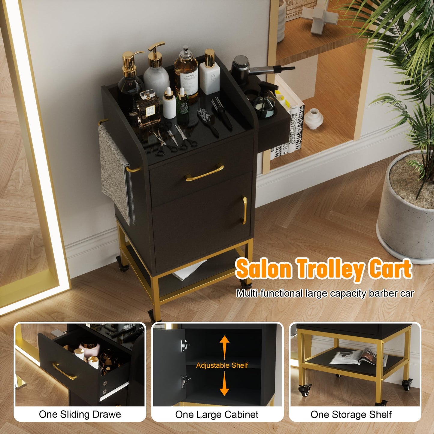 TOVRON Salon Trolley Cart, Glass Top Salon Stations for Hair Stylist Beauty Storage Cabinet Black Rolling Hair Stations with Lockable Wheels, Drawer, Cabinet