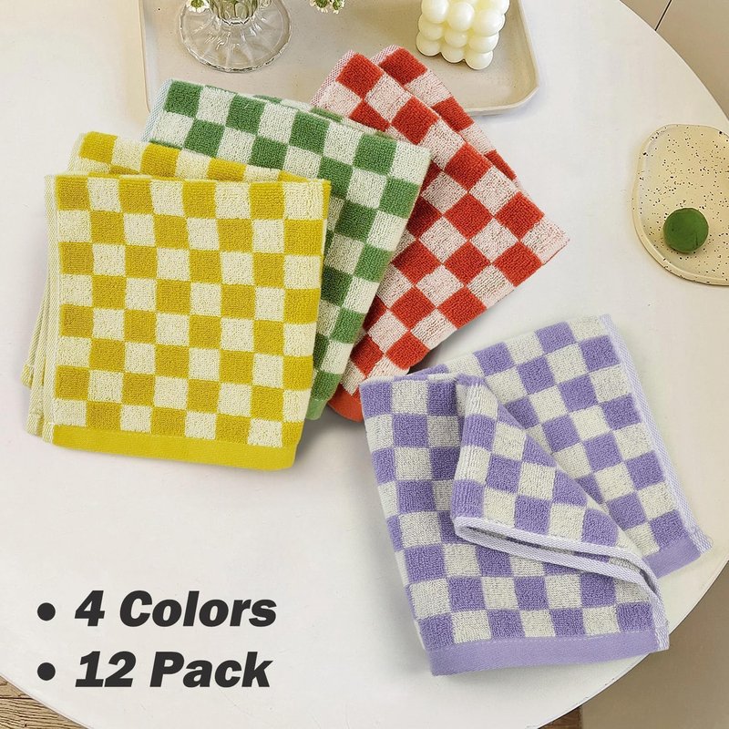 Jacquotha Washcloths 12 Pack Checkered - Wash Cloths for Showering (13"x13") in 4 Colors, Multi-Purpose Bathroom Face Cloths, Soft and Cute