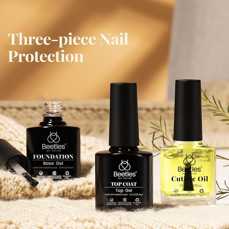 Beetles Gel Base and Top Coat Set - No Wipe Glossy Shine & Cuticle Oil for Stronger Nails | 3 Pieces