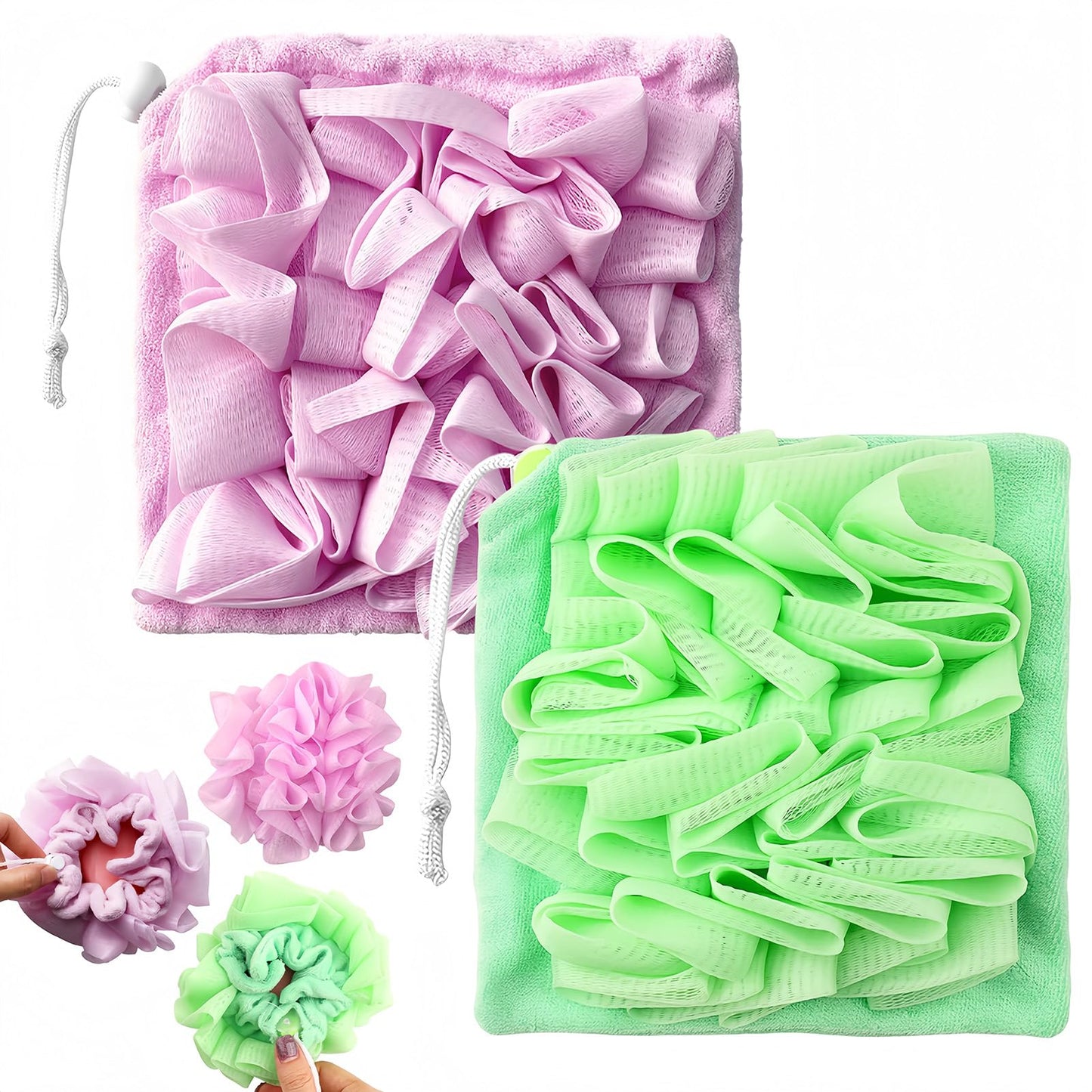 2 Pack Loofah Sponge Shower Loofahs - 50G Bath Sponges Mesh Balls with Pocket to Hold Soape - 2 Colors Exfoliator Wash Back Scrubber for Women & Men