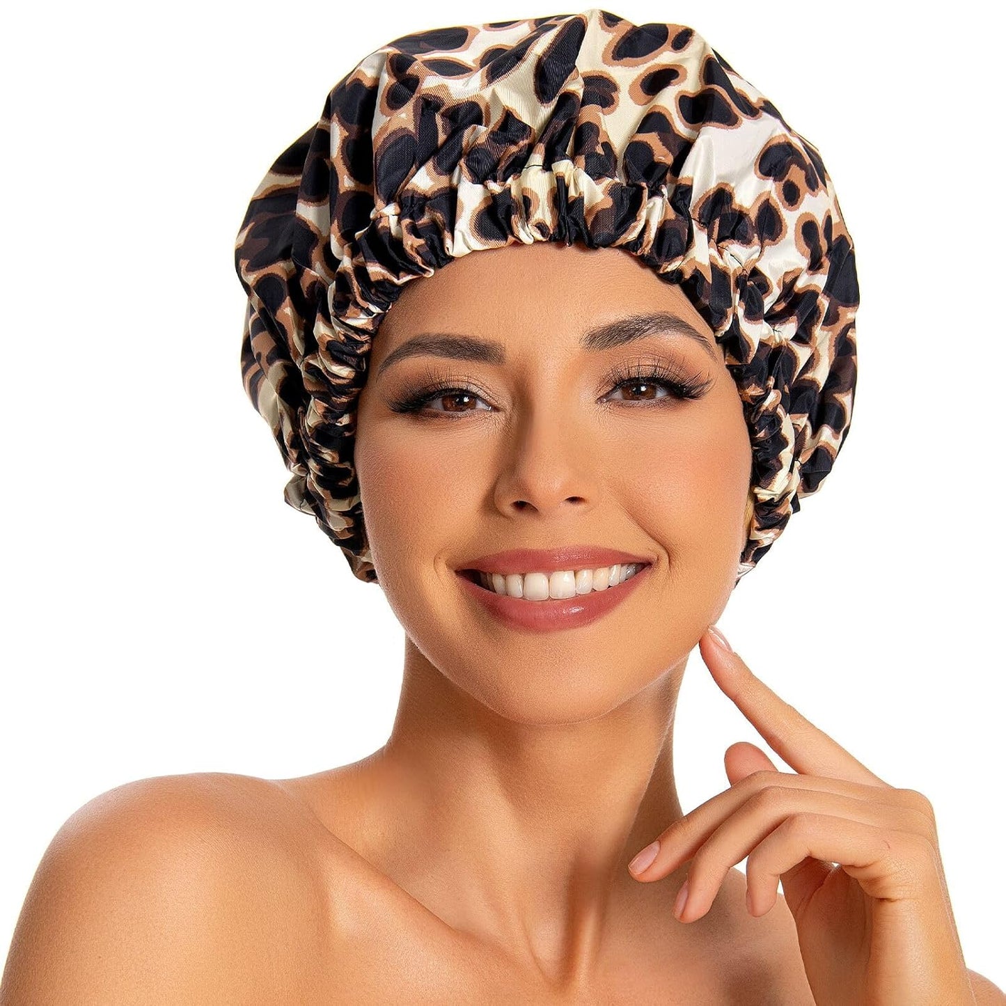 Skiennix Reusable Shower Cap - Large Waterproof Bonnet with Elastic Band for Long, Curly Hair | Leopard Print