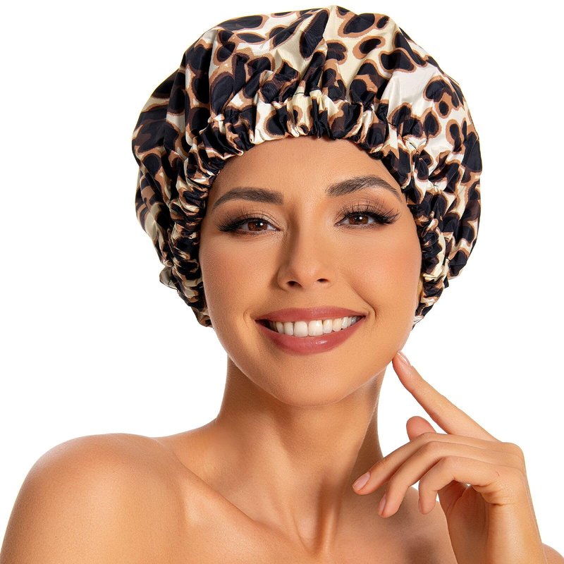 Reusable Shower Cap for Women, Large Waterproof Shower Bonnet with Elastic Band, Washable Bath Hair Cap for Long, Curly Hair, Braids, Daily Shower, Home Spa, Travel(Leopard)
