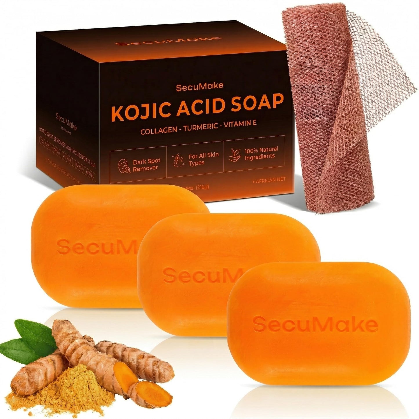 SecuMake Kojic Acid Soap, Turmeric Soap for Dark Spots with Vitamin C & Shea Butter, Paraben & Sulfate-Free - 105g x 3 Bars with African Net Sponge