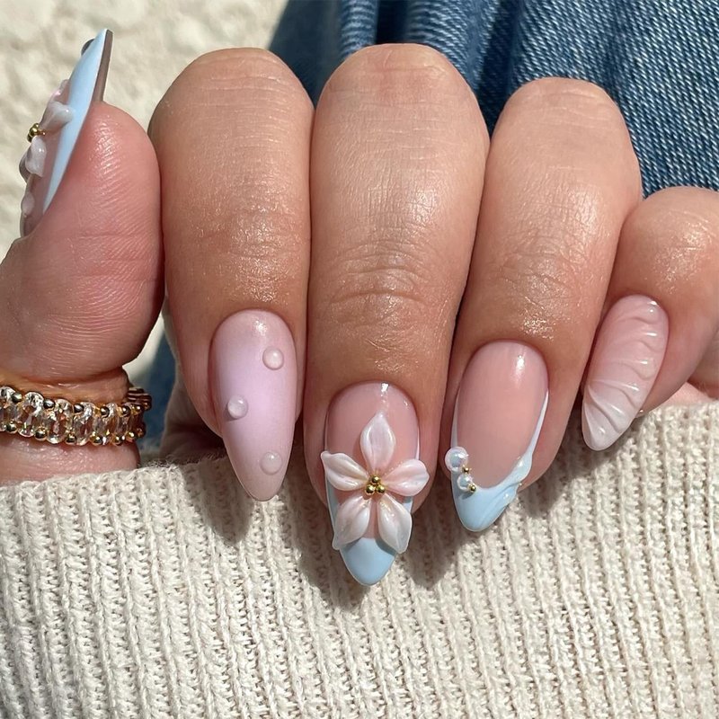 24Pcs Blue Flower Press on Nails Almond Medium French Tip Fake Nail 3D Flower with Pearl Designs Spring False Nails Artificial Acrylic Full Cover Glue on Nails Cute Stick on Nails for Women Manicure