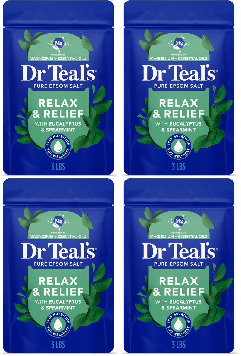 Dr Teal's Epsom Salt Magnesium Soak, Relax & Relief with Eucalyptus & Spearmint Essential Oils, 3 lbs (Pack of 4)