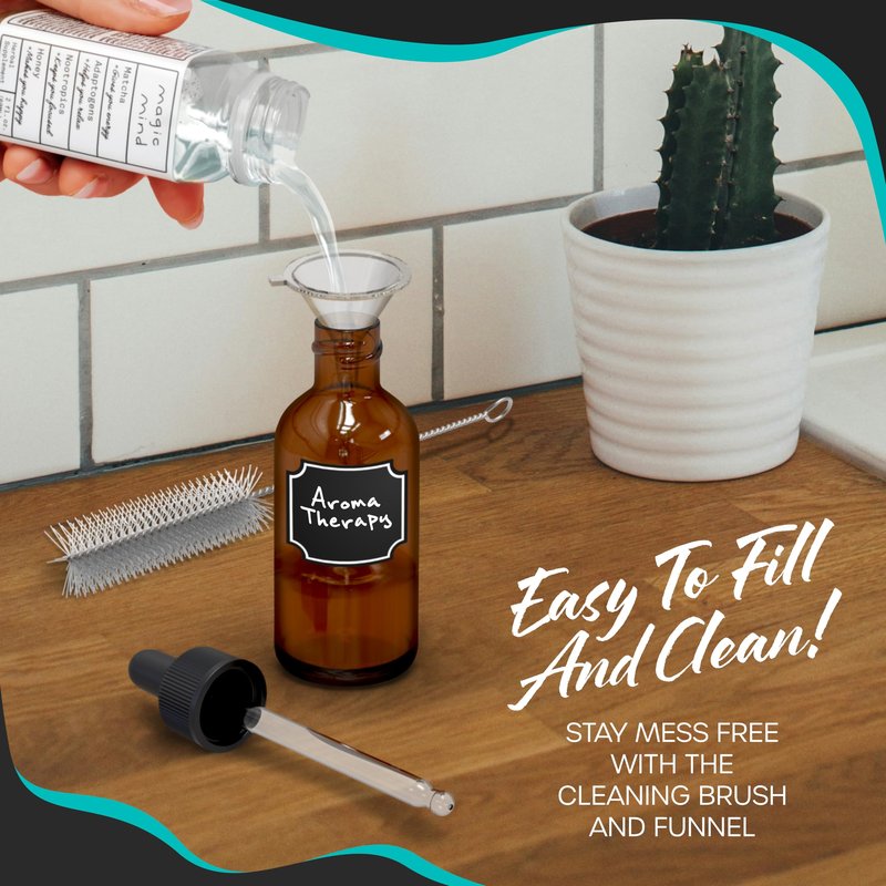 Nevlers Amber Glass Dropper Bottle 2 Oz 48 PK | Leakproof Empty Eye Dropper Bottle Set w/Funnel, Brush, Shrink Wrap, Marker & Labels | Reusable Tincture Bottles with Droppers | Glass Droppers for Oils