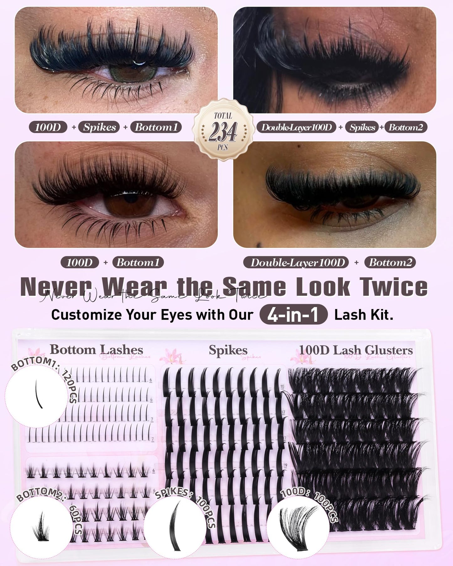 Wispy Lash Clusters with Spikes D Curl Eyelash Clusters with Bottom Lashes 100D Fairy Cluster Lashes Volume Cluster Eyelash Extensions 234PCS Fluffy Individual Lashes DIY Mink Spiky Lash Extension
