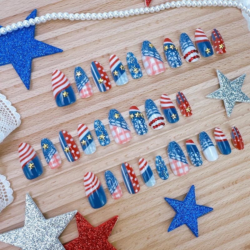 30Pcs 4th of July Press on Nails Medium Almond Fake Nails with Gold Star Red Rhinestones Designs American Flag Acrylic Nails Independence Day Patriotic False Nail July 4 Star Glue on Nails for Women
