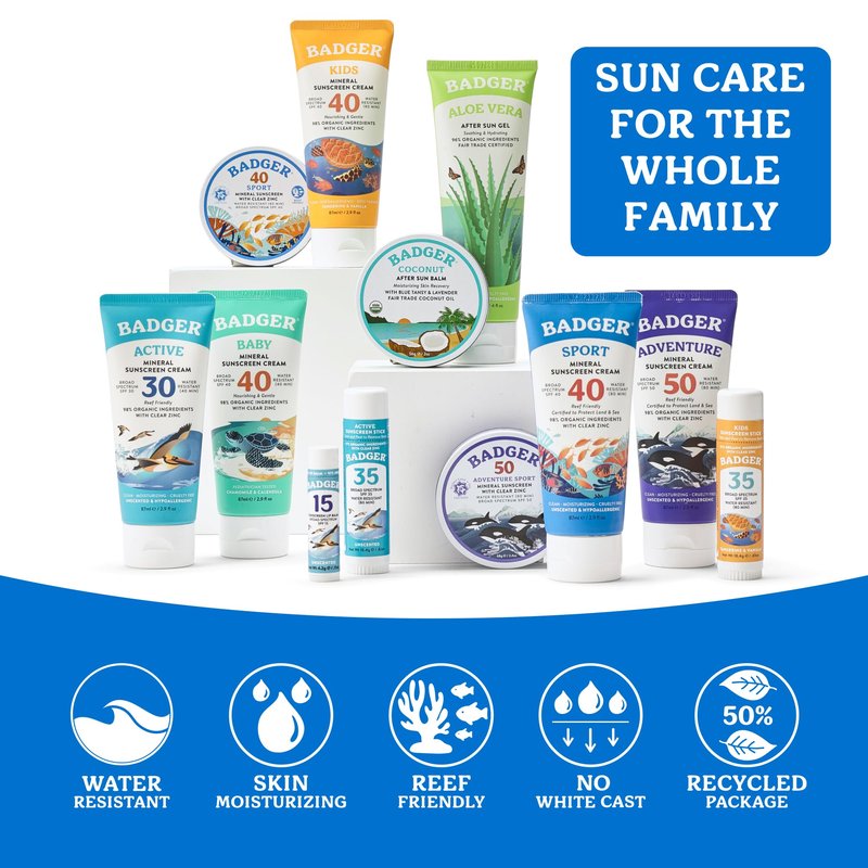 Badger Sport Mineral Sunscreen, Reef Safe, SPF 40, 98% Organic with Zinc Oxide, Water Resistant, Hawaii Reef Act 104 Compliant, Unscented & Hypoallergenic, For Sports & Adventures, 2.9 fl oz