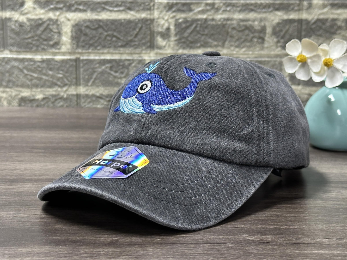 Horpe Whale Fish Baseball Cap for Kid, Ocean Animal Themed Gift for Child, Sea Creature Hat for Boys and Girls, Adjustable Embroidered Washed Black Hat