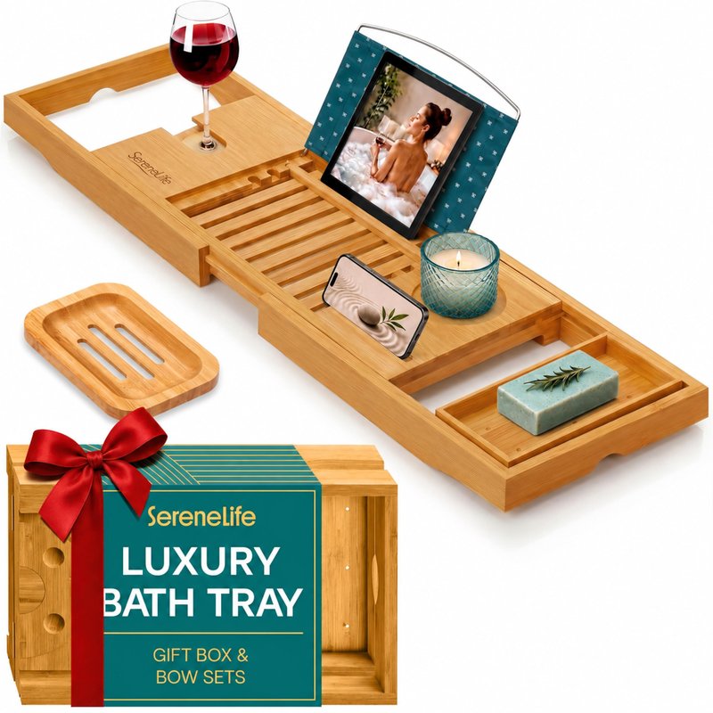 SereneLife Premium Bathtub Tray Caddy, Expandable Bath Tray, Unique House Warming Gifts, Gift for Mom, Women, New Home, Wedding, Anniversary, Bridal Shower, Universal Fit for All Tub -Natural, GiftSet