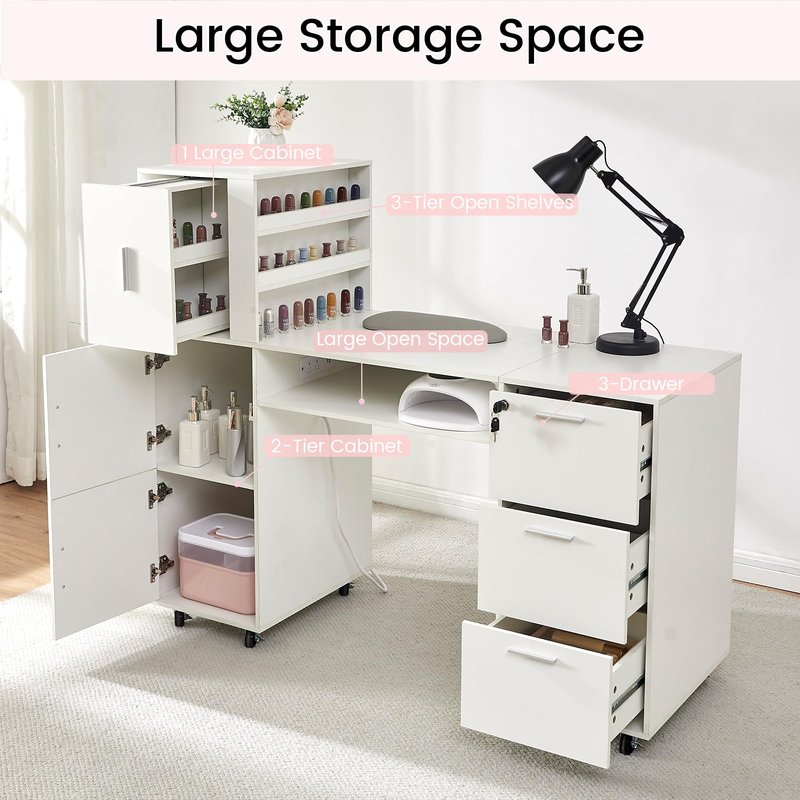 DUDUSHIMAN Manicure Table Nail Desk for Nail tech, 56 Inch Beauty Nail Table w/3 Cabinet+3 Drawers+3 Layers Open Cabinet+1 Open Drawer + 1 Power Outlet for Professional Salon Manicure Workstation