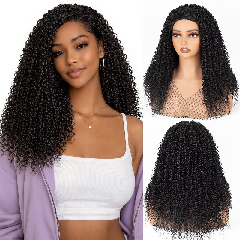 Reehaaboo Kinky Curly Half Wig for Women - 3-in-1 Synthetic Curly Half Wig with Drawstring & Glueless 22 Inch Natural Black Beginner Friendly