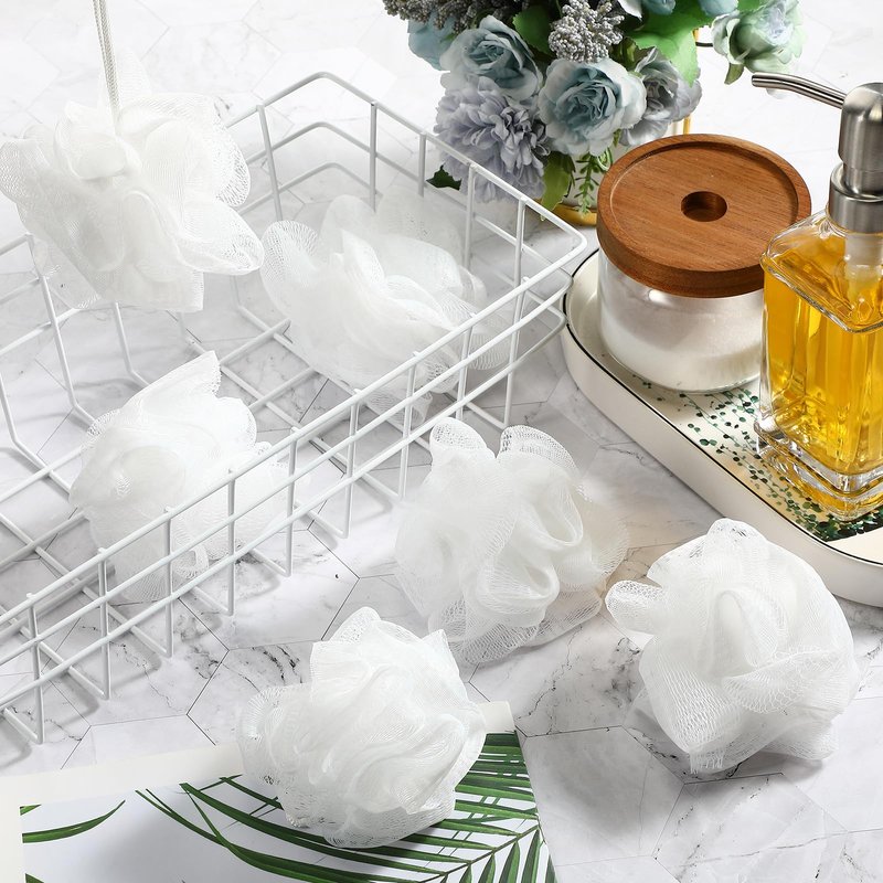 Shellwei 24 Pcs 3 Inch Mini Loofah Travel Size Bulk Shower Sponge Pouf Mesh for Women Kids Men Exfoliating Body Scrubber Baby Shower Favor(White)