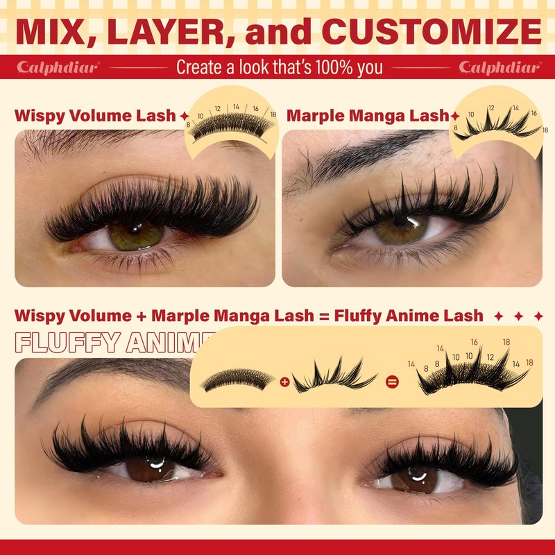 Calphdiar Lash Clusters Wispy & Manga Eyelash Clusters 8-18MM DIY Volume Lash Extensions C Curl Individual Lashes for Daily Wear & Glam Looks Reusable Lash Clusters for Beginners