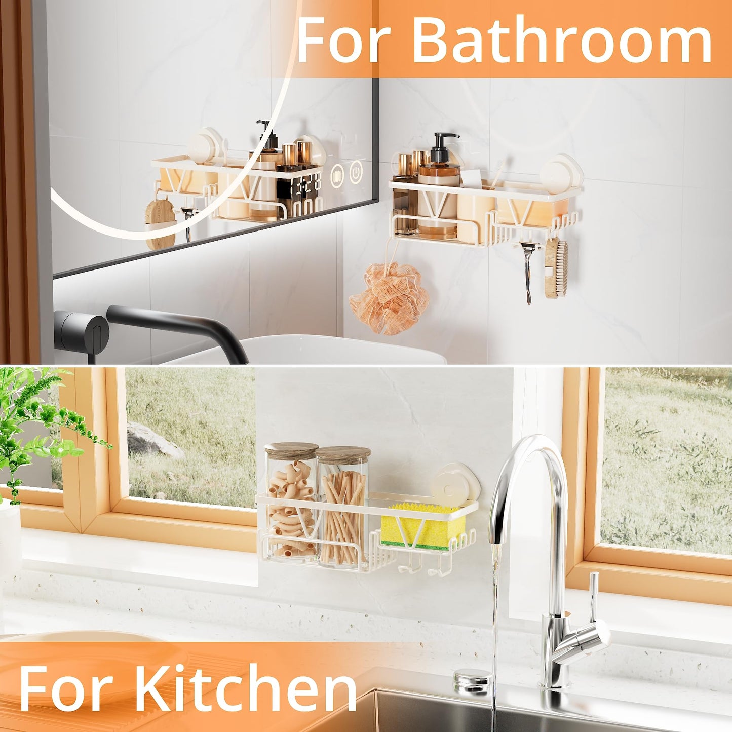 KEGII Shower Caddy Suction Cup with Soap Holder and Hooks, Removable Suction Bathroom Organizer Shelf, No Drilling Shower Organizer, Stainless Steel Shampoo Holder for Bathroom Storage, Cream White