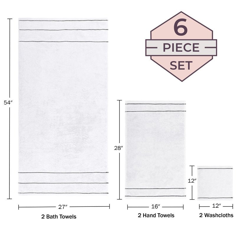 Lavish Home 6 Piece Bathroom Towels Set - 525GSM 100% Cotton Bathroom Essentials - 2 Bath Sheets, 2 Hand Towels, and 2 Wash Cloths for Bath, Shower, Gym, Spa, and Dorm Room (White)