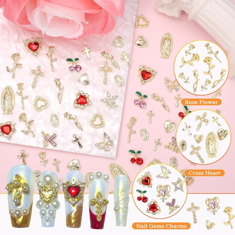 Gold Cross Star Nail Charms Set - 130 Pcs Heart & Flower Designs for DIY Acrylic Nails | Y2K Style
